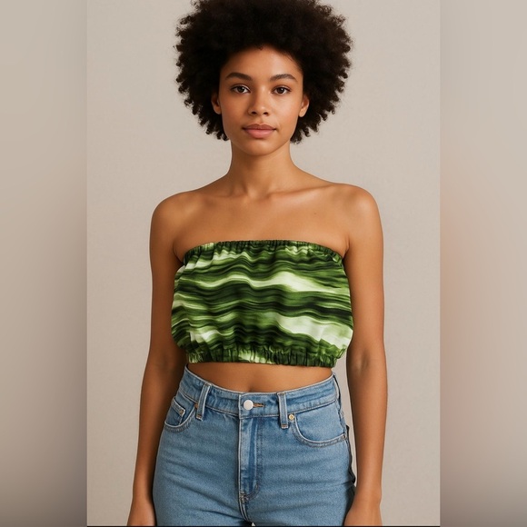 Muze New York Green Strapless Crop Top Size Small Marble Print Tube Top - Picture 1 of 6